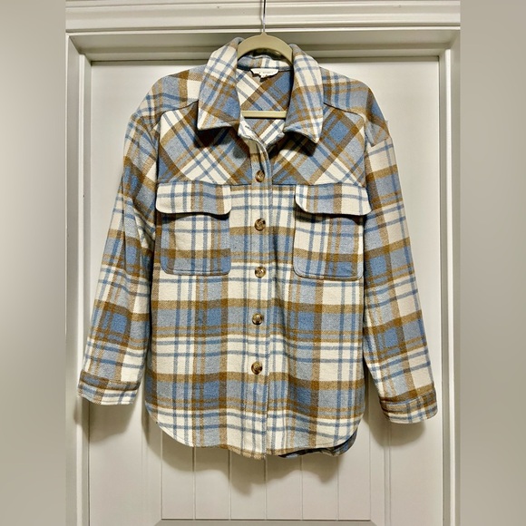 La Hearts Blue and Tan Plaid Utility Jacket Confy Cozy Cabincore Shacket - Picture 2 of 7